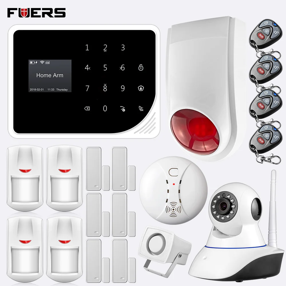 

FUERS 2.4G WIFi GSM S5 Home Secuity Alarm System PIR Motion Sensor 720P HD IP Camera App Control Can Store 5 Alarm Phone Numbers