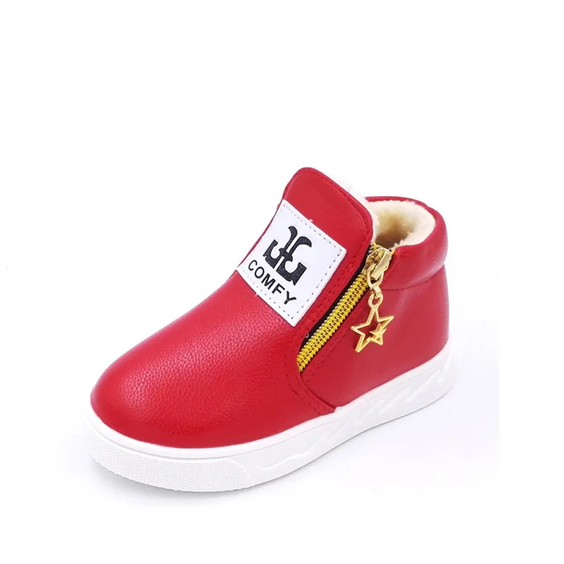 JUSTSL/теплые короткие ботинки для мальчиков и девочек; детские Нескользящие зимние ботинки; детская Модная хлопковая обувь; Size21-36 - Цвет: Красный