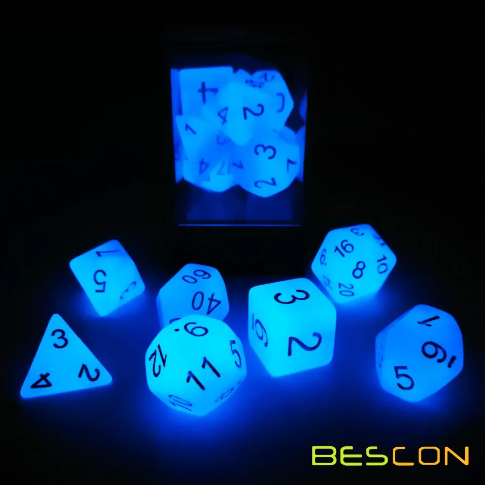 Bescon Gemini Glowing Polyhedral Dice 7pcs Set ICY ROCKS, Luminous RPG Dice Set d4 d6 d8 d10 d12 d20 d%, Brick Box Packaging 3