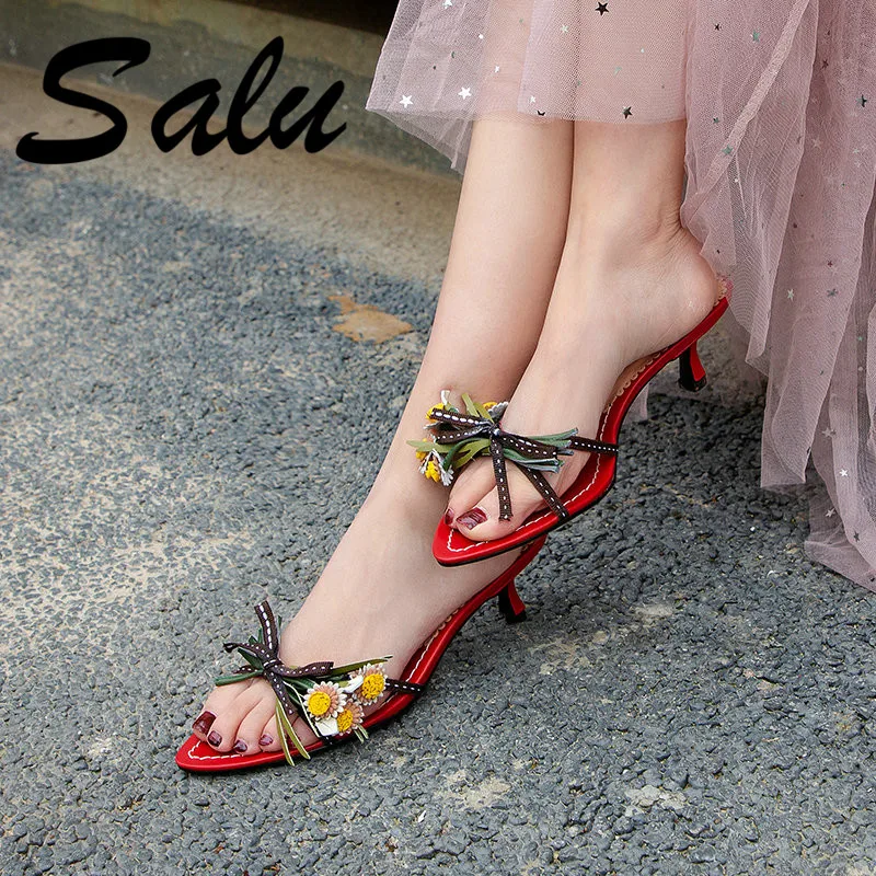 

Salu 2019 Sexy High Heels Sandals Stiletto Women Shoes Genuine Leather Open Toe Female Party Black Footwear Shoe
