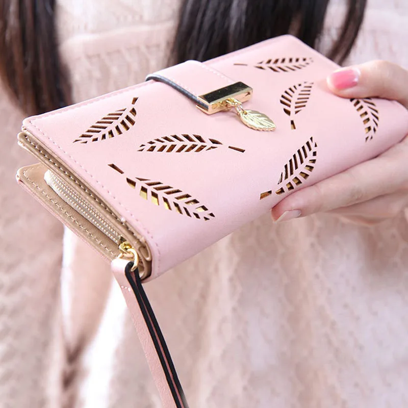 

Fashion Womens Wallets Hollow Leaves Women Wallet Hasp Purses Long Section Clutch Wallet Soft PU Leather ID Holder Money Bag