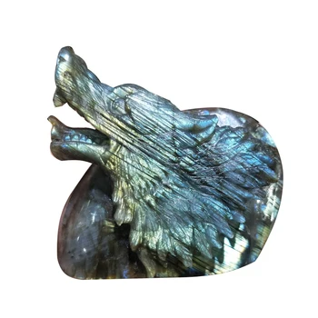 

Natural Stone Labradorite Spirit Beast Wolf Skull Head Crystal Carving Statue Animal Sculpture Crafts For Home Feng Shui Art