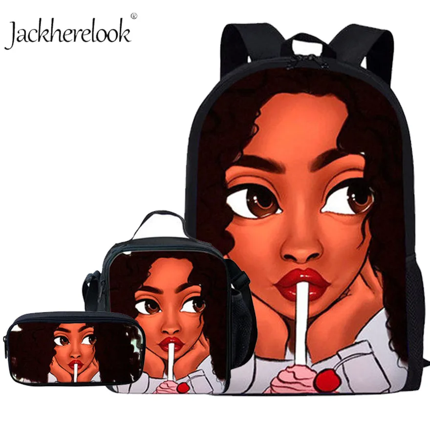 

Black African American Girls Student Schoolbag 3Pcs/Set School Bags for Kids Large 3D Art Printing Backpack Lunch Pen Book Bag