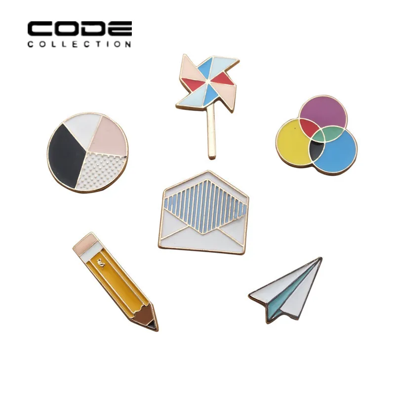 

6pcs/set Circle Envelope Enamel Brooch Plane Geometry Windmill Pencil Color Metal Badge Pin Women girl Accessories Holiday Gift