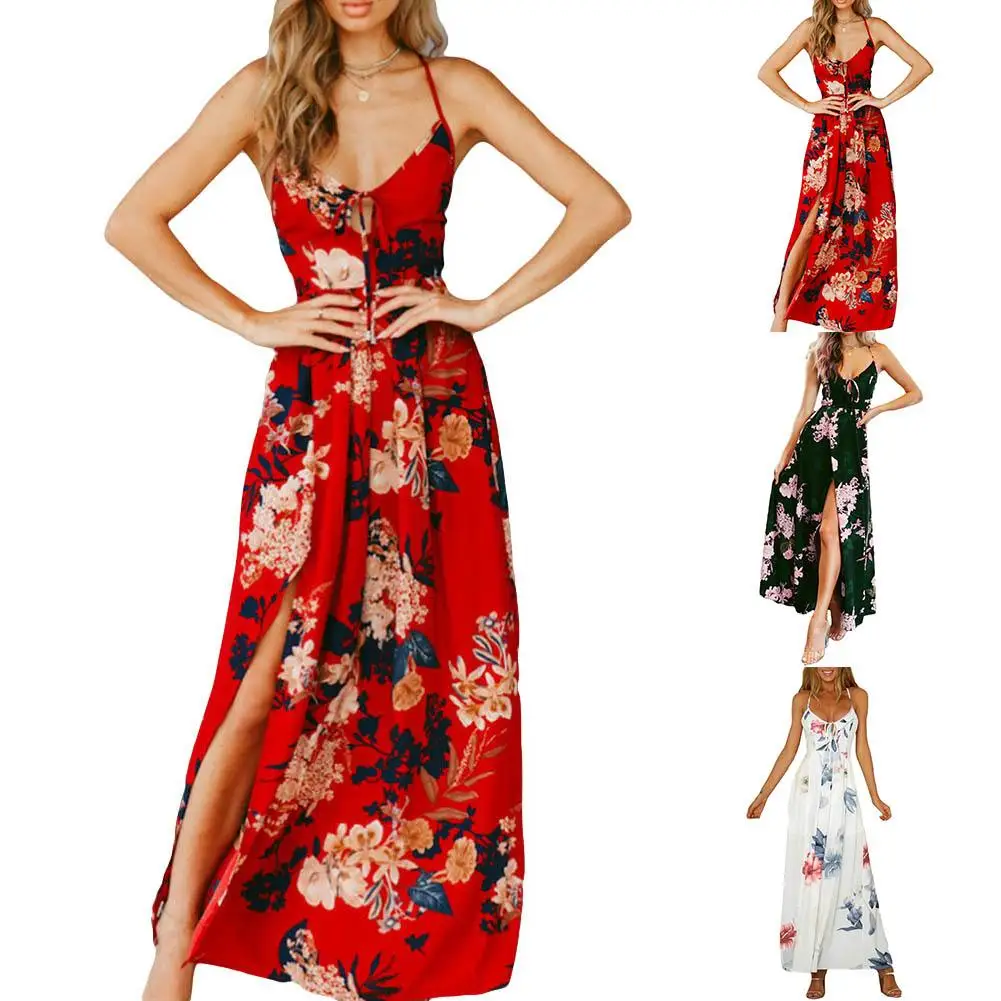 

Womens V-Neck Summer Boho Maxi Long Dress Evening Party Beach Dresses Sundress Floral Halter Dress Summer 2019