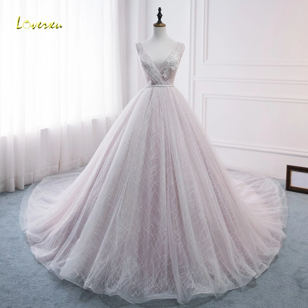 Loverxu Vestido De Noiva, кружевное бальное платье, свадебное платье, сексуальное, с v-образным вырезом, без спинки, с аппликацией из бисера, плиссированное свадебное платье с длинным подолом