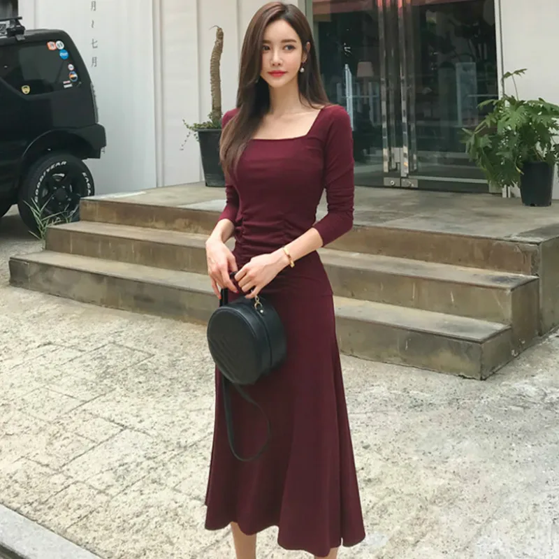 

2019 Winter Women Cloth Slim Sexy Vestidos Mid-Calf Swing Casual Long Burgundy Solid Dress