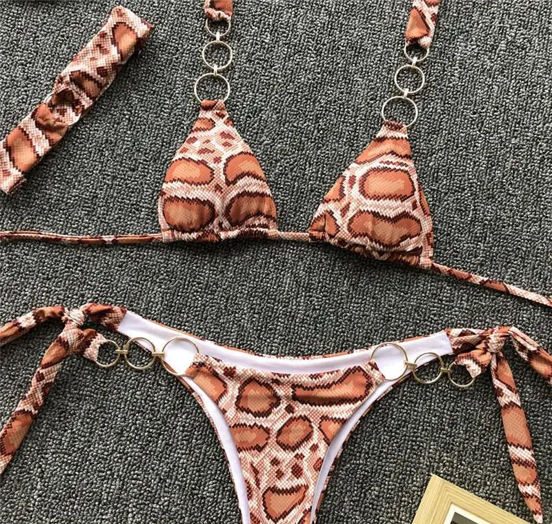 Кольцо Сексуальный купальник Бразильский леопардовый бикини женский бикини треугольный купальник женский купальный костюм летняя пляжная одежда