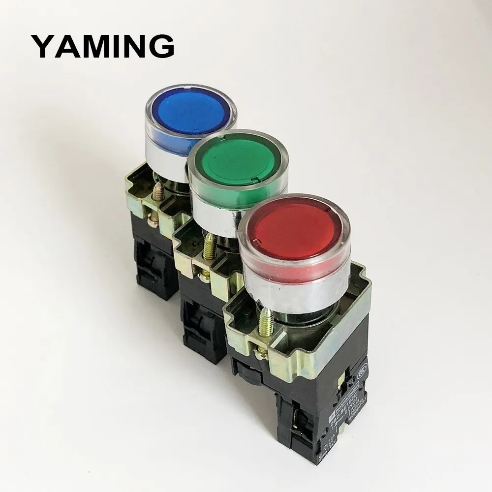 22 мм Мгновенный XB2-BW3361 Круглый кнопочный переключатель с светодиодный/неоновый светильник 1NO 24 V/AC220V/AC380V зеленый, красный, желтый, синий P134
