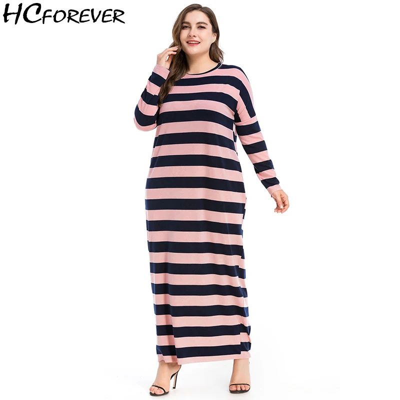Casual Plus Size Long Sleeve Maxi Women Dress 4XL XXXL Striped 2018