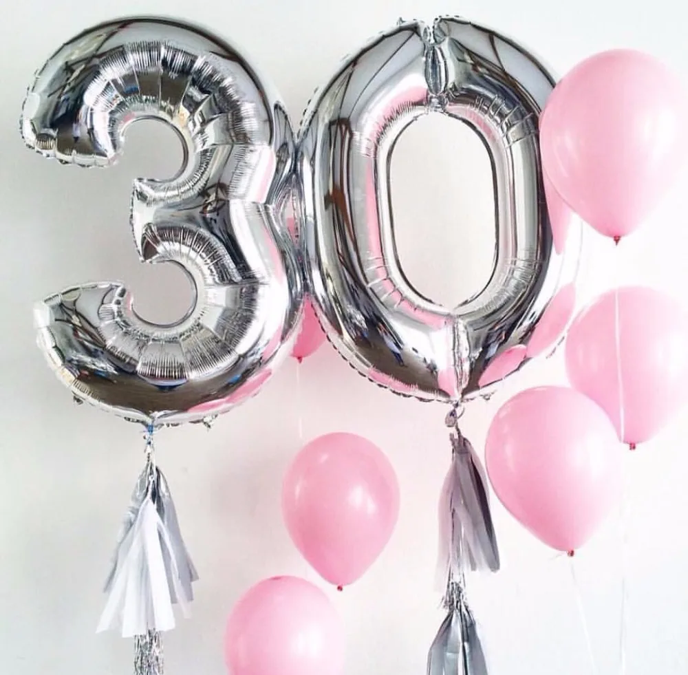 Set of 2 Colorful 30th Birthday Foil Balloons - Pink, Blue, Gold Party Decorations