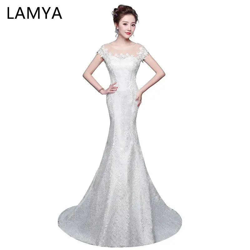 

LAMYA Customized Lace Mermaid Wedding Dresses Princess 2019 O Neck Bride Gowns Women Cheap Court Train vestidos de noiva