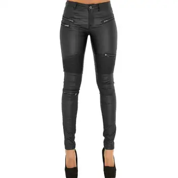 

Motorcycle Women High Waist Solid Color Leggings Decorative Zipper Skinny Pants new