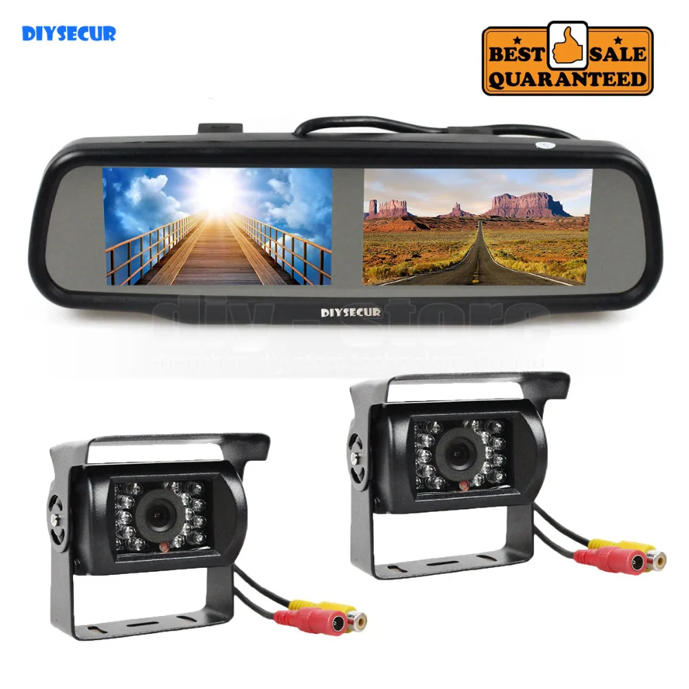 DIYSECUR Dual 4.3 inch Screen Display Rear View Car Mirror Monitor + IR