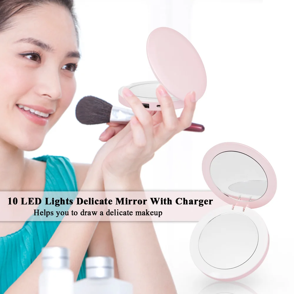 

10 LED Lights Delicate Mirror Power Bank Portable Foldable USB Rechargeable Travel Handheld Light Up Personal Makeup Mirror Tool