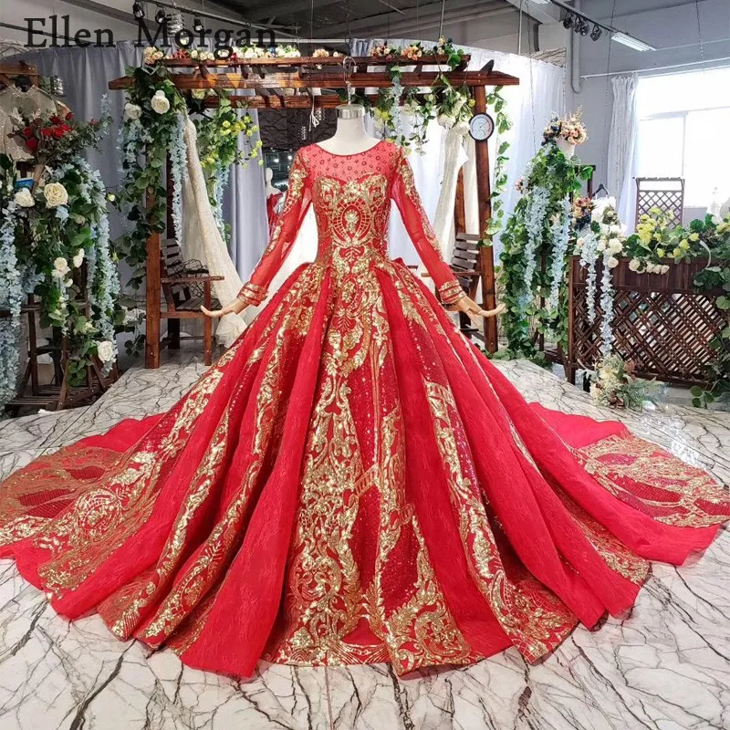 

Red Long Sleeves Wedding Dresses 2019 Vestido De Noiva Chapel Train Lace Beaded Real Photos Bridal Gowns