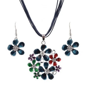 6 цветов модный серебряный цветок кулон ожерелье серьги набор многослойная кожа шифон лента Чокер Ожерелье Ювелирные наборы - Окраска металла: Blue