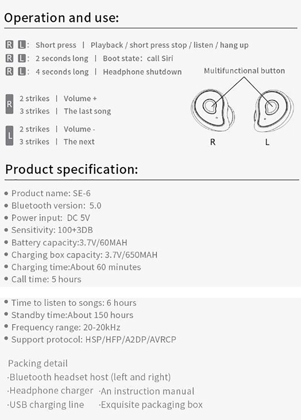 SE6 новейшие Bluetooth 5,0 TWS Bluetooth наушники 6D стерео беспроводные наушники IPX5 водонепроницаемые наушники 650 мАч наушники без головы