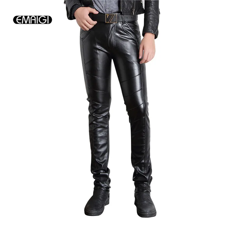 Men Slim Fit Casual Leather Pants Male Fashion Punk PU Leather Trousers