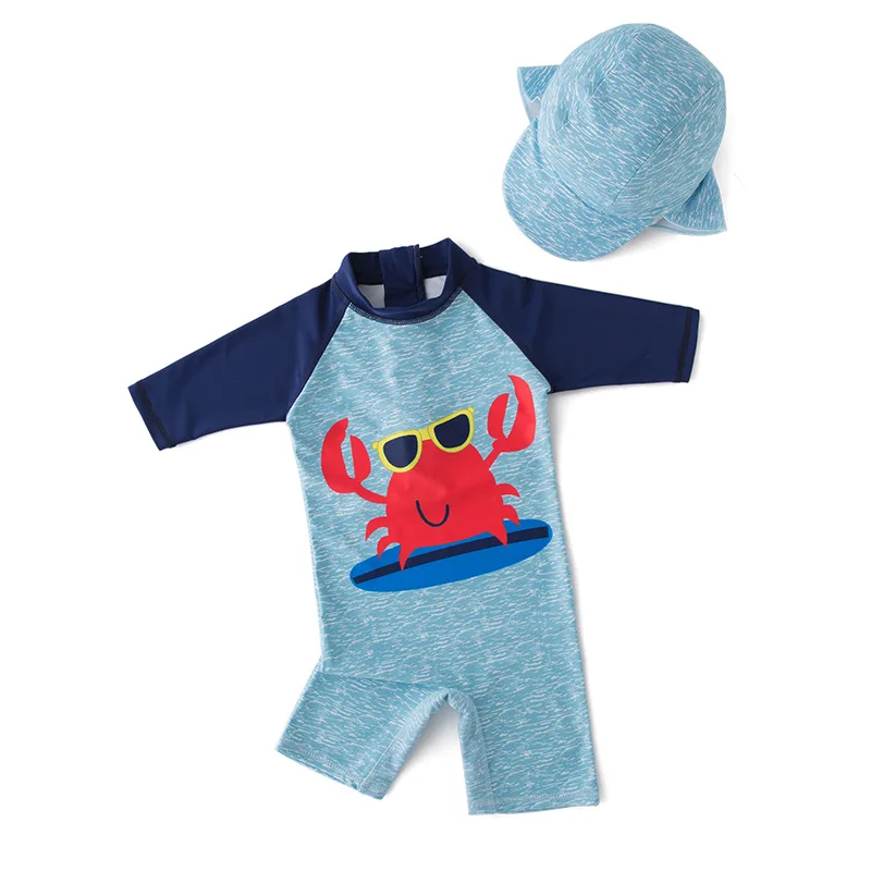 

baby boy swimwear+hat 2pcs set surfing Wear Red Crab swimming suit infant toddler kids children Sunscreen beach bathing Suit