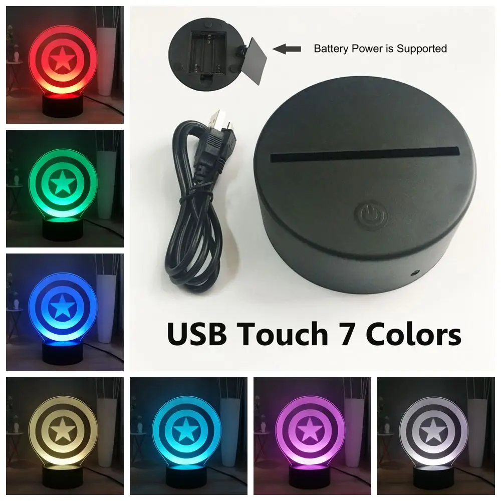 Marvel светодиодная 3D лампа Капитан Америка щит ночник 7 цветов мигающий светодиодный светильник USB прикроватная настольная лампа подарок на день рождения - Испускаемый цвет: Touch One 7 Color
