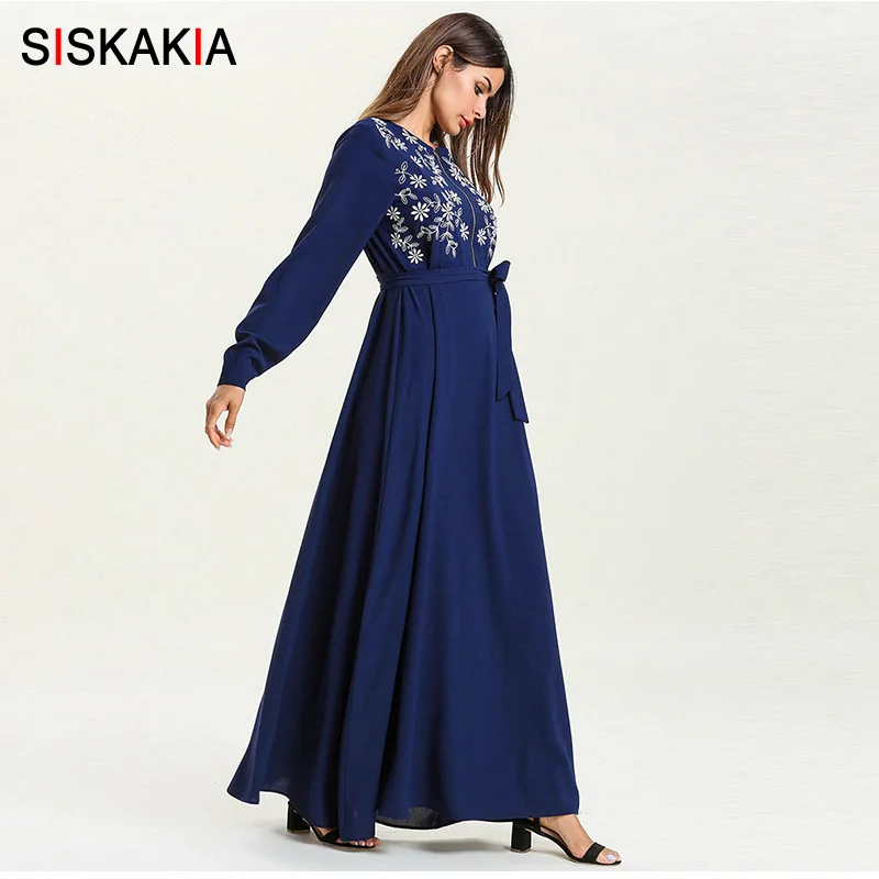 Siskakia женское длинное платье с вышивкой, круглый вырез, длинный рукав, Свинг, макси платья, кормление грудью, молния, дизайн синий, весна-осень, Новинка