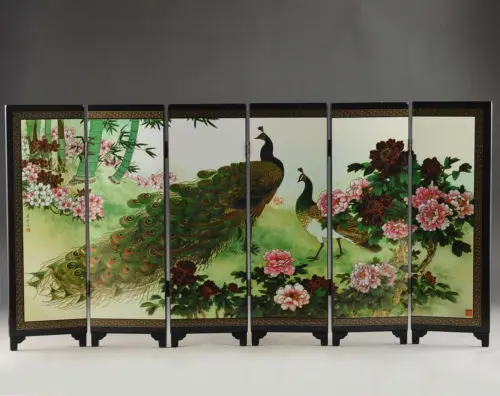 

Details Old about Superb Beautiful Oriental Lacquer Handwork Painting peafowl fold screen