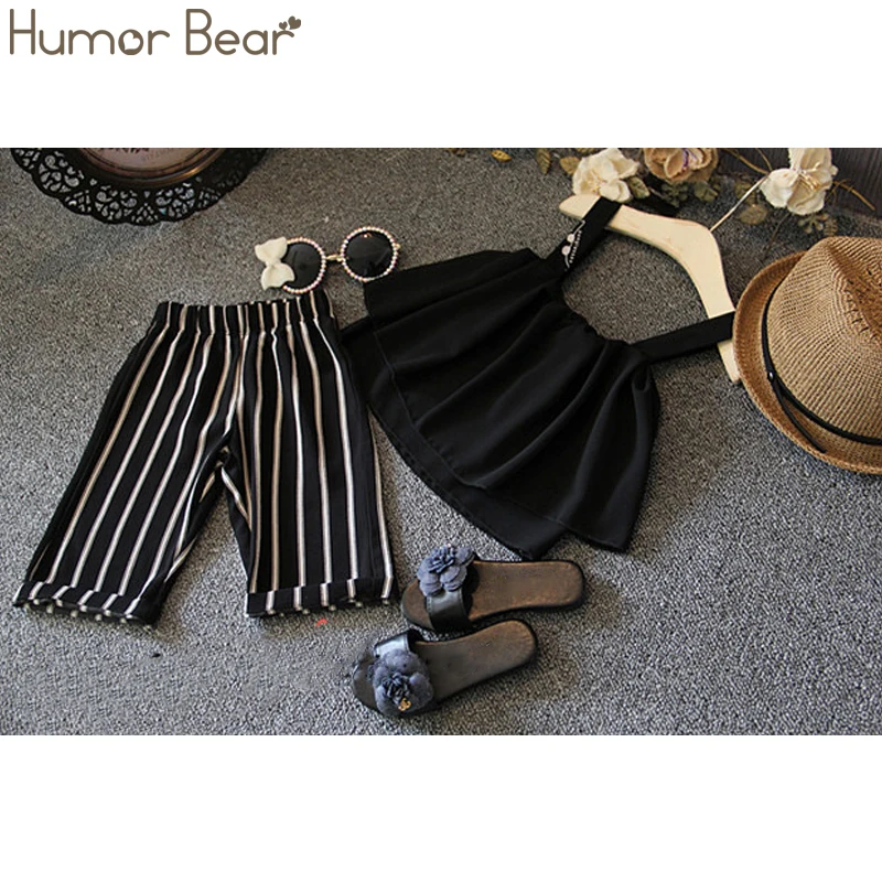 فكاهة الدب الاطفال الملابس أزياء الصيف الفتيات مجموعة ملابس الأزياء الشيفون حبال lothes + سروال مخطط الفتيات الأطفال الملابس