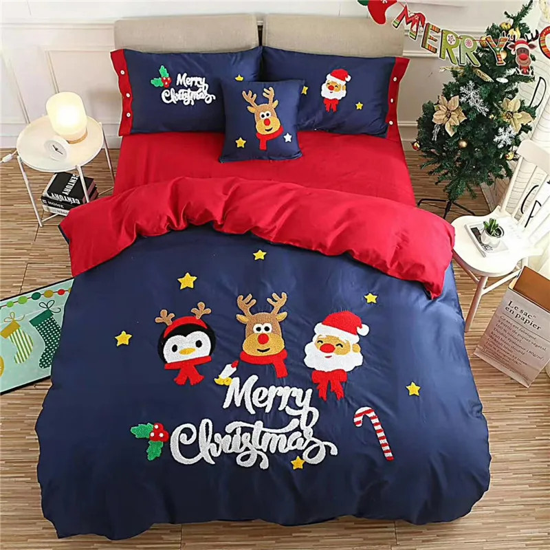 Merry Christmas Santa Blue Bedding Set Applique Embroidery Duvet Cover
