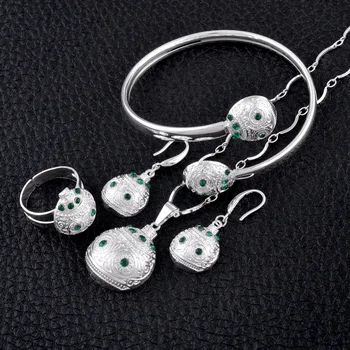 

Anniyo Silver Color PNG Necklaces Earrings Bangle Ring sets for Women,Papua New Guinea Wedding Jewelry With Green Stone #102406B