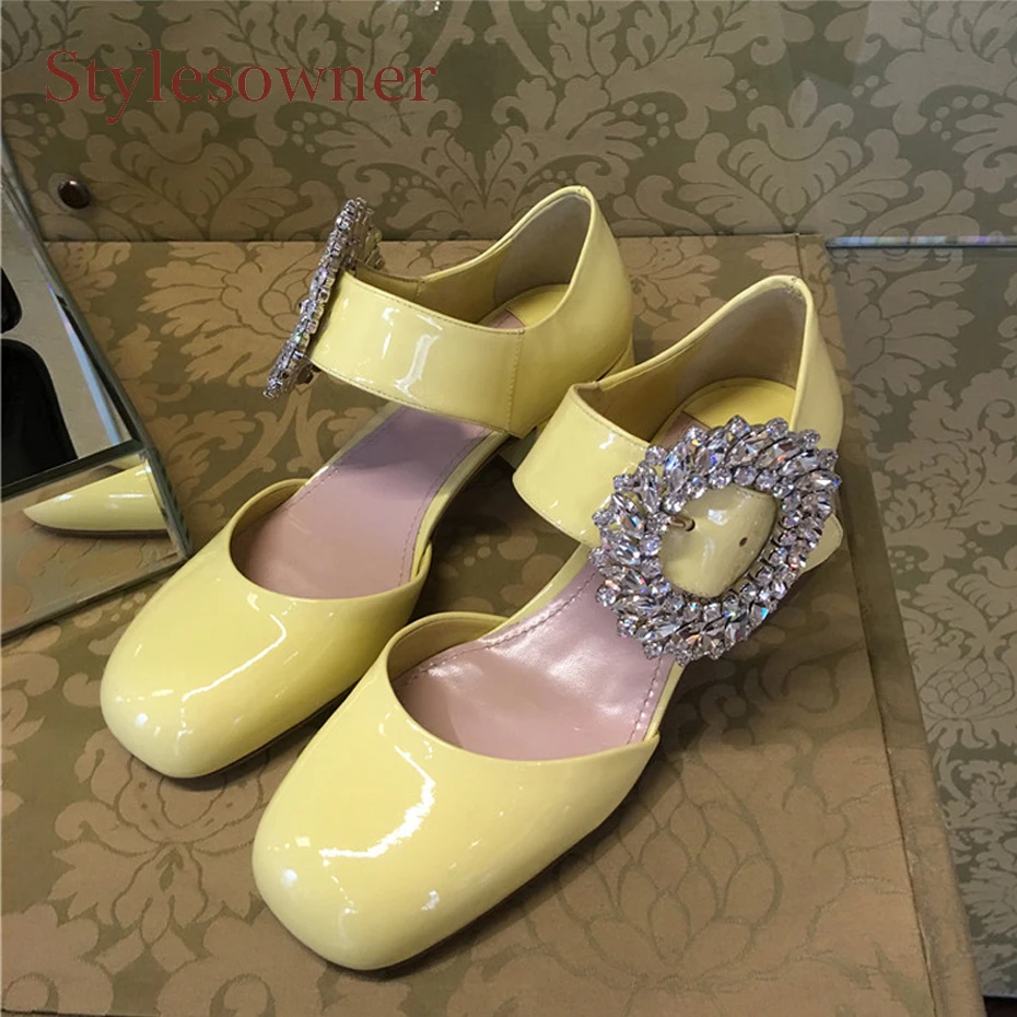 

Stylesowner rhinestone big buckle patent leather mary janes shoes square toe chunky heel women pumps sweet pink princess shoes