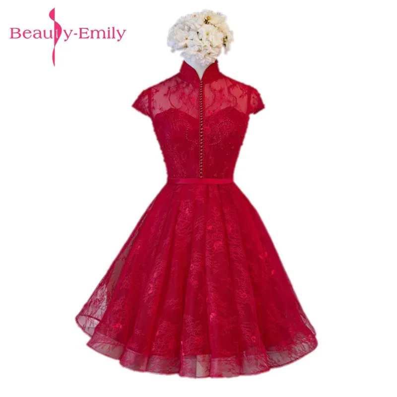 

Beauty-Emily Luxury Burgundy Lace Prom dresses 2017 Sexy Boat-Neck Pearls Lace-Up Beading Evening Party Gowns Graduation Dress