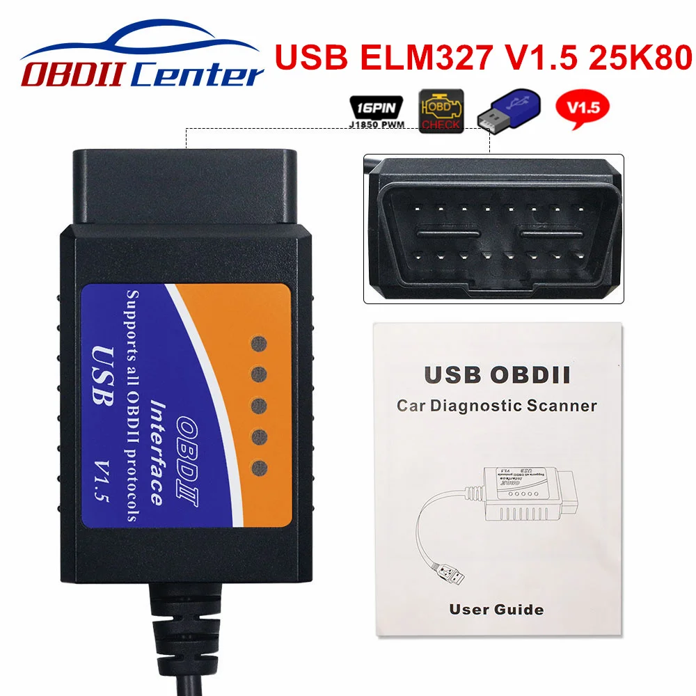 Лучшее качество elm327 Usb V1.5 Obd2 Диагностический кабель с чипом Pic18f25k80 Elm 327 оборудование 1,5 Obd Ii сканер Elm 327 Usb 25k80