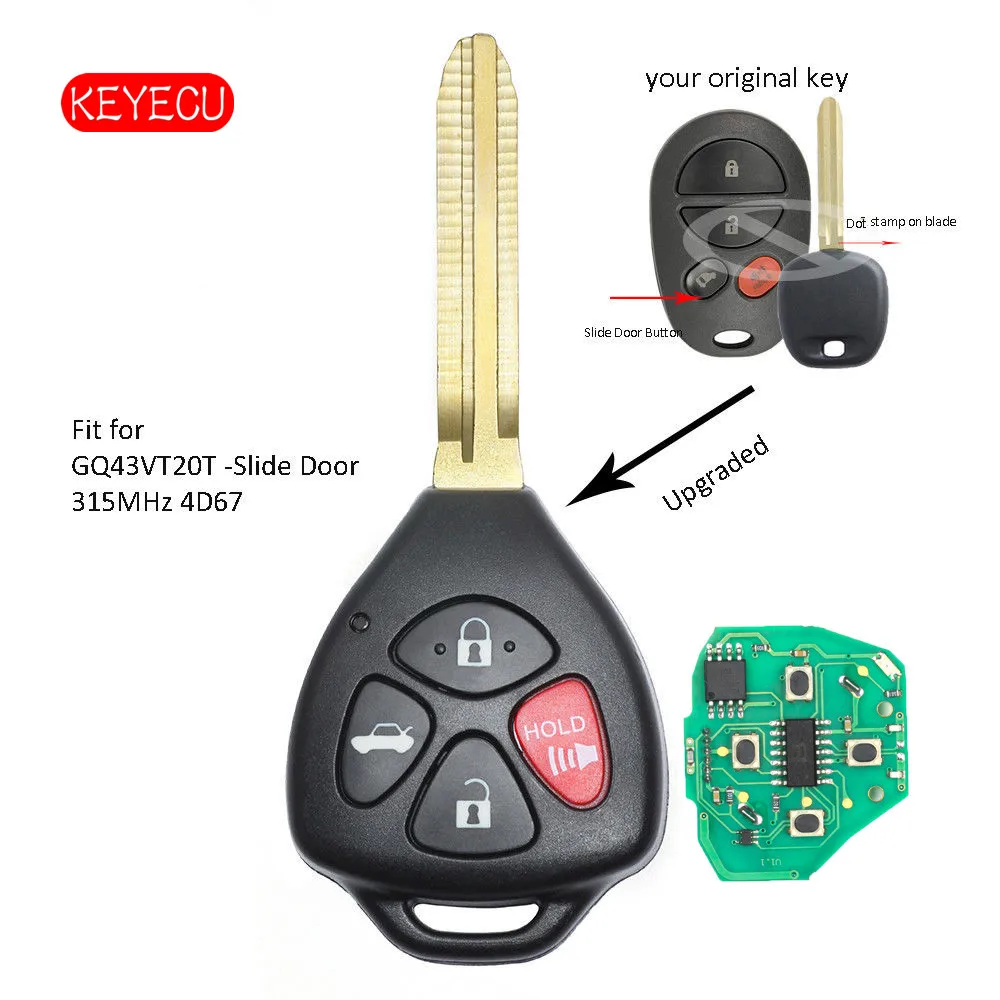 Keyecu Upgraded Remote Key Fob 4 Button 315MHz 4D67 Chip for Toyota