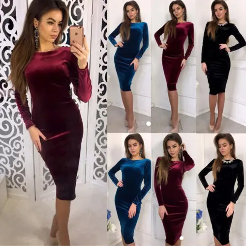 

Stylish Women Solid Long Sleeve Velvet Stretch Midi Dress Evening Party Club Sheath Autumn Dresses Outfits