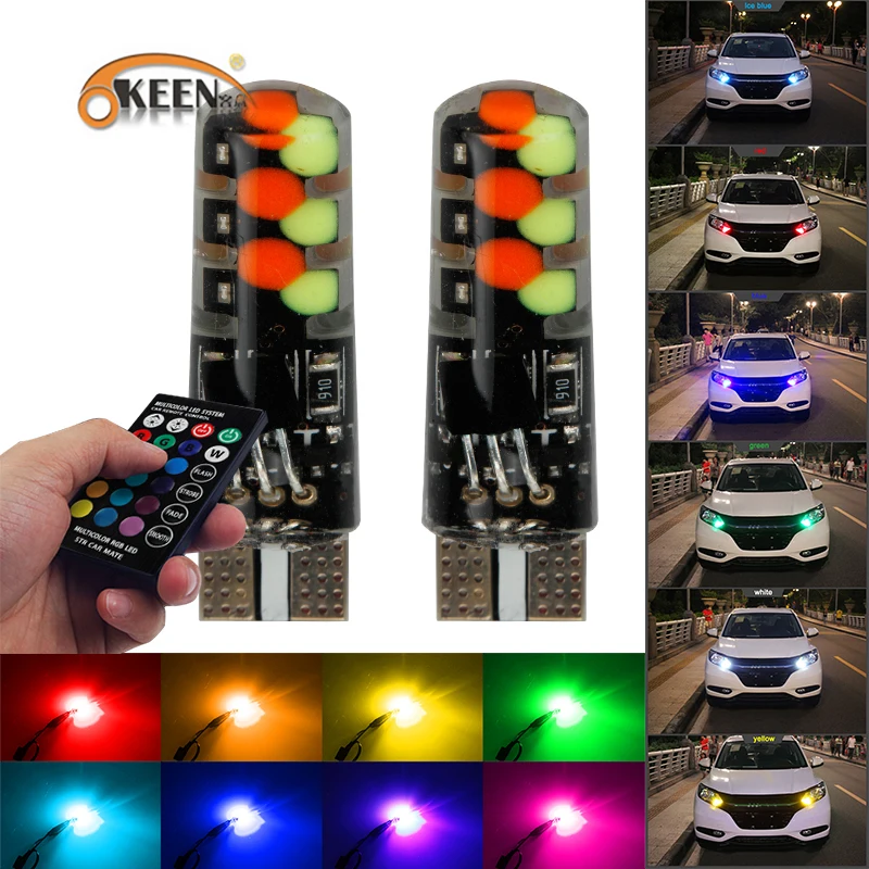 

OKEEN 2Pcs LED T10 Remote Control W5W 501 RGB Color Changing Car Wedge Side Light Bulb 12V RGB Color Reading Lights Signal Lamp