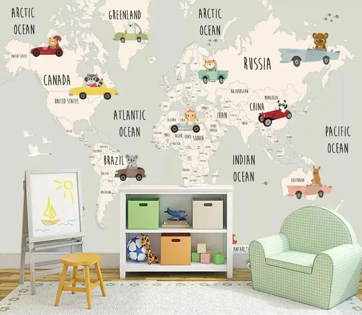 

Custom Mural Kids Room Wall 3d Photo Wallpaper Hand Painted animal World Map Picture Background 3d wallpaper Car Wall Paper