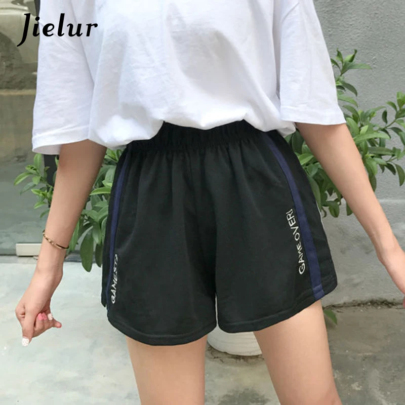 Jielur полосатые шорты с вышивкой и эластичным поясом Свободные шорты M-XXL Женские летние шорты черные женские шорты