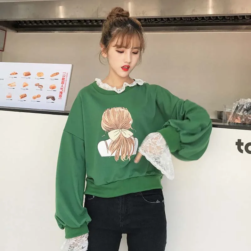 Женский пуловер с кружевом и длинным рукавом в Корейском стиле|hoodies women|sweatshirt hoodie