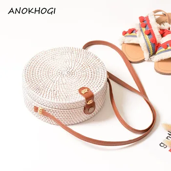 

White PU Leather Strap Handmade Women Rattan Bags Straw Vintage Solid Weaving Beach Shoulder Bags Female New Crossbody Bag B115