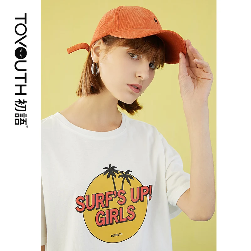 Toyouth, женская летняя повседневная футболка, свободная футболка с круглым вырезом и буквенным принтом, женские хлопковые топы с коротким рукавом