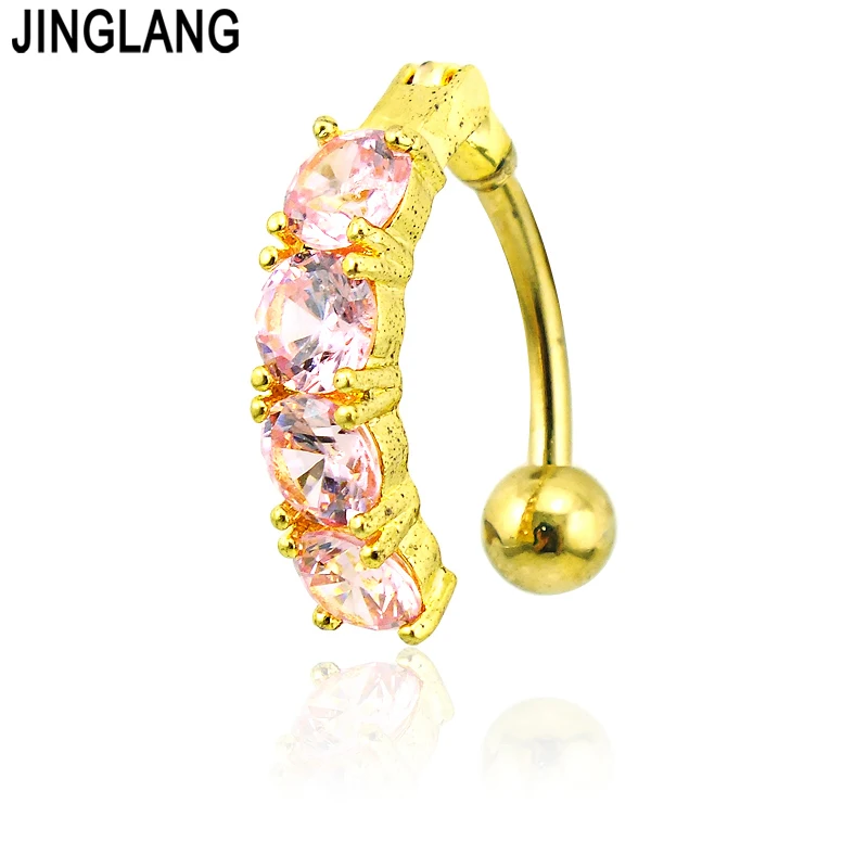 

JINGLANG New Gold Color Belly Button Rings 316L Stainless Steel Barbells 3 Color Rhinestone Bar Navel Piercing Jewelry