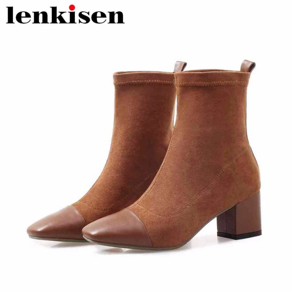 

Lenkisen cow leather flock square toe slip on ankle stretch boots large size european style all-match leisure med heel boots L30