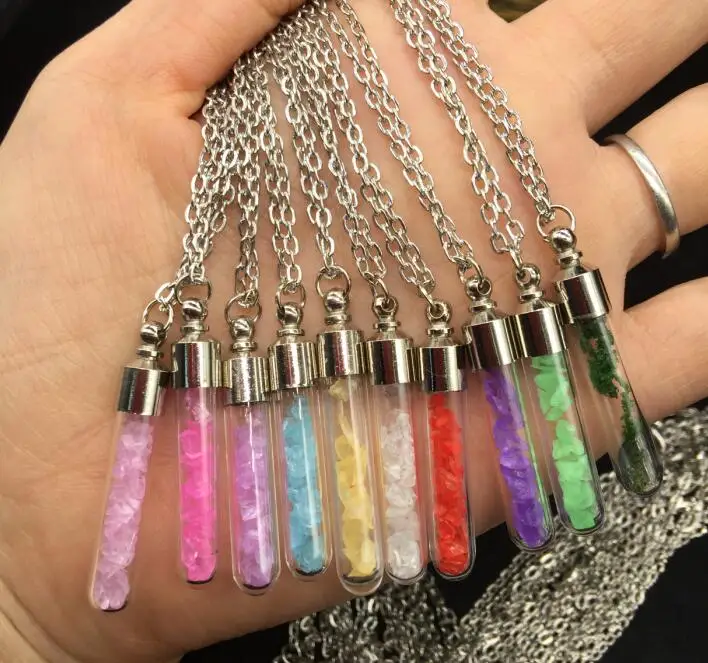 

1sets 70cm Natural Crystal rhinestone silver plated Glass vial tube Wishing Bottle chain Pendant perfume Necklace Jewelry charms