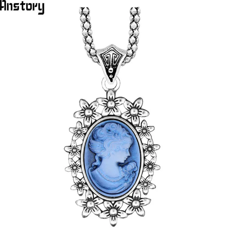 Lady Queen Cameo Pendant Necklace Vintage Hollow Flower Necklace For Women Antique Silver Plated Fashion Jewelry - Окраска металла: Blue
