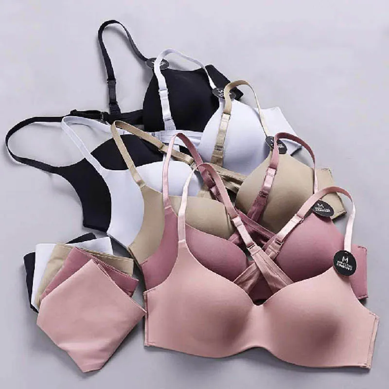 

CINOON Sexy glossy bra sets Soft Seamless Bra and Panty Set Wire Free Underwear Women Solid Color Push Up Bras Free Shipping