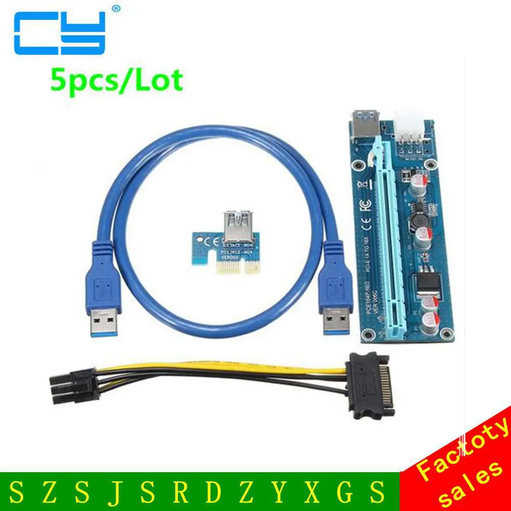 Оптовая продажа 5 шт. USB 3.0 PCI E Экспресс 1X 4x 8x 16x Райзер адаптер карта SATA 15pin штекер к
