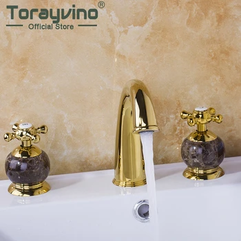 

Sumptuous Jade Golden Finish Basin Faucet Deck Mounted Dual Handle Hot Cold Water Mixe Fine Basin Faucet Five-star Hotel Best