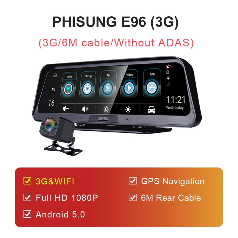 Phisung 10" Streaming 4G adas dash cam with Android auto camera dual car camera with gps dvr wifi car camera full hd registrator - Название цвета: E96-3G-6M