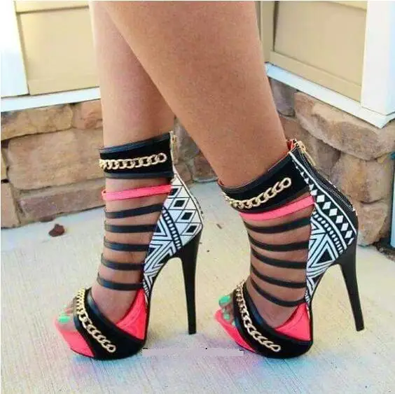 

Rome Geometric Chain High Platform Boots Peep Toe Thin Heels Cross Strap High Heel Dress Shoes Cut-out Gladiator Sandals Boots